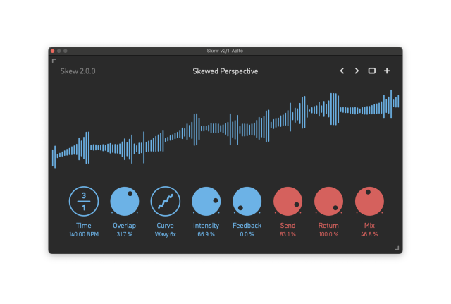 Skew UI with curved wavy waveform display, dials for synced tempo, feedback, wet and dry levels, overlap, and intensity.