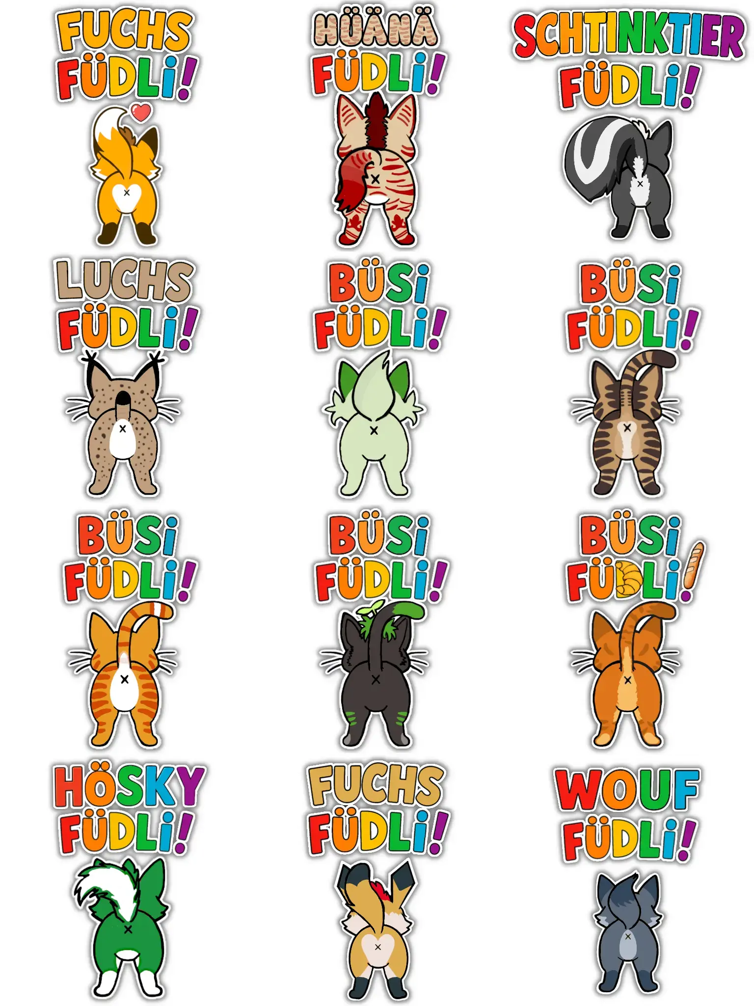 A 3x4 grid of various chibi cartoon animals presenting their rear ends. Top left to bottom right: 
A fox, a hyena, a skunk, a lynx, a spirigatto pokémon, a housecat, an orange housecat, a plant cat, a French cat, a green husky, a polygon fox, a wolf