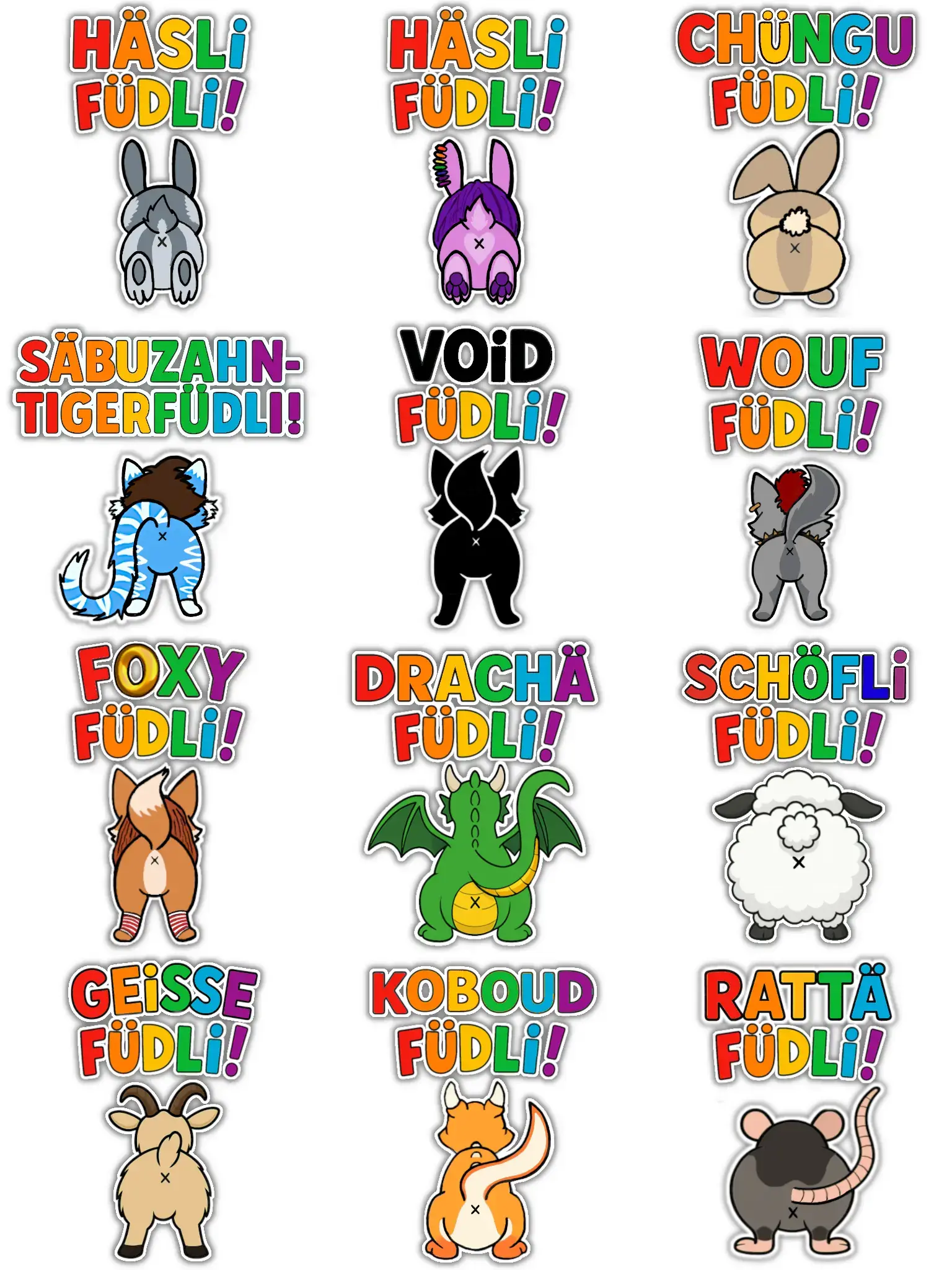 A 3x4 grid of various chibi cartoon animals presenting their rear ends. Top left to bottom right: 
A grey hare, a pink hare, a brown rabbit, a blue sabre tooth tiger, a black wolf, a grey wolf, another fox, a dragon, a sheep, a goat, a kobold and a rat