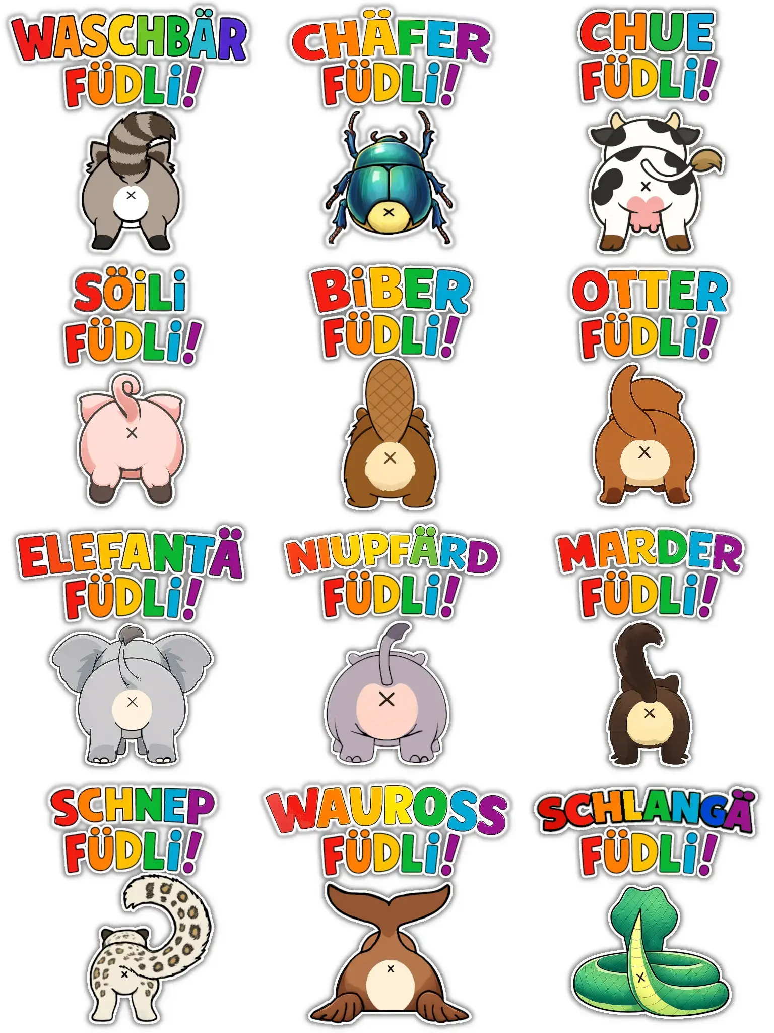 A 3x4 grid of various chibi cartoon animals presenting their rear ends. Top left to bottom right: 
A raccoon, a beetle, a cow, a pig, a beaver, an otter, an elephant, a hippo, a marten, a snep, a walruss and a snake