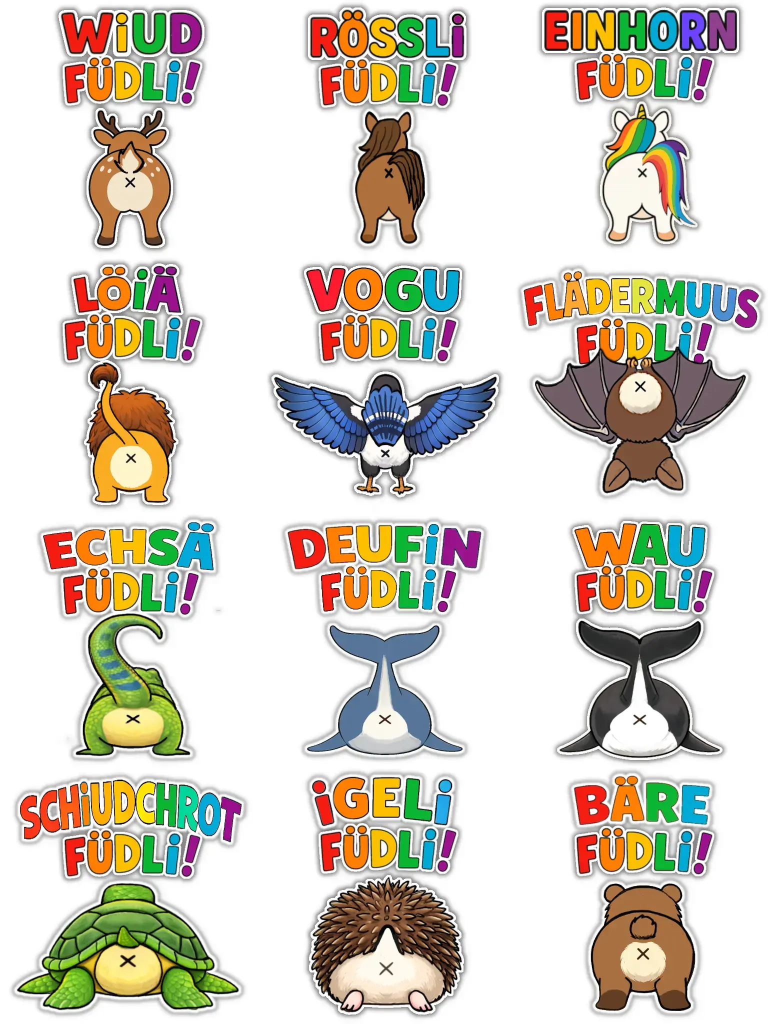 A 3x4 grid of various chibi cartoon animals presenting their rear ends. Top left to bottom right: 
A deer, a horse, a unicorn, a lion, a magpie, a bat (upside down), a lizard, a dolphin, a whale, a tortoise, a hedgehog and a bear