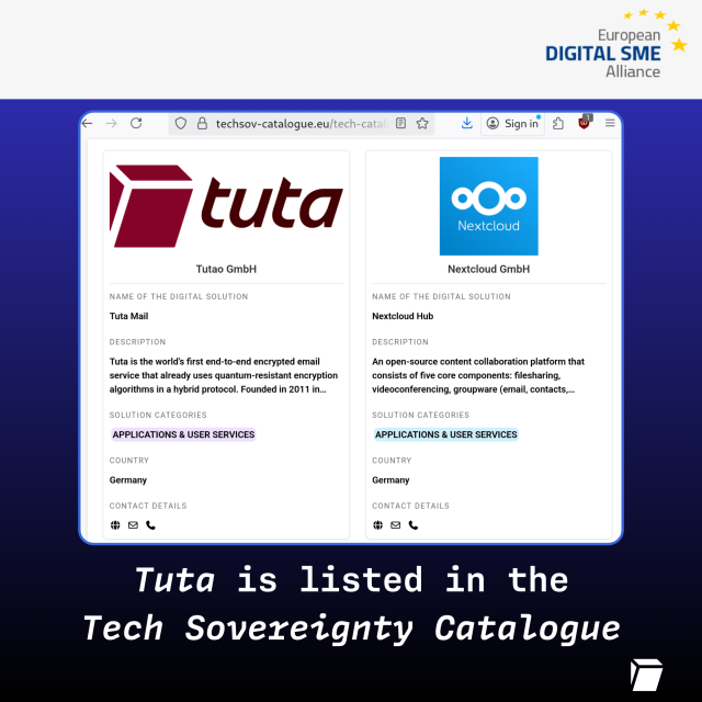 Screenshot from the European Digital SME Alliance showcasing Tuta and Nextcloud in the Tech Sovereignty Table.