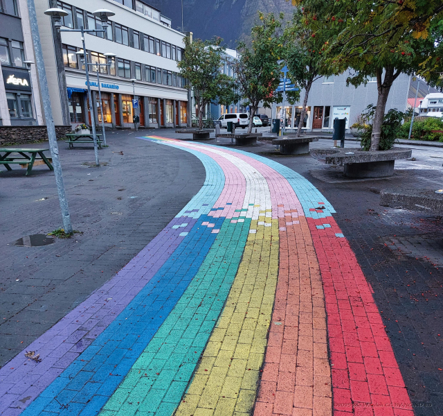 A colour photo of a street on a rainy day. There are puddles on the pavement and a few leaves are scattered around. There are shops along the street with lit windows. A rainbow-coloured block pavement is curving away from the viewer. At the halfway point, it changes to the blue, pink and white of the transgender flag, then back to rainbow at the far end of the curve.