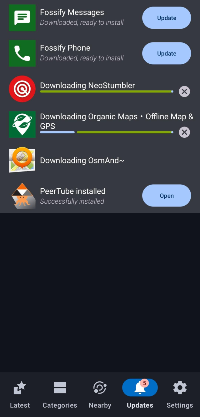 F-droid screen updating apps including PeerTube