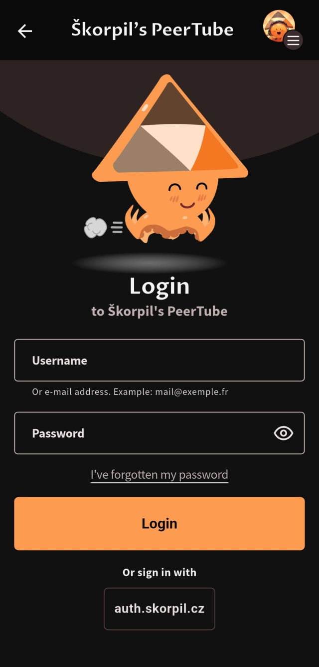 Peertube app login screen with a button "Sign in with auth. skorpil. cz" 