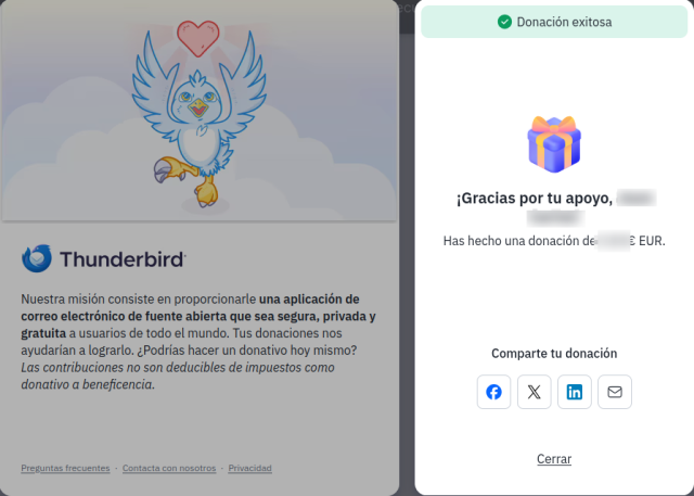 Captura de pantalla en la que se ve la finalización exitosa del proceso de donación que he realizado a Thunderbird.