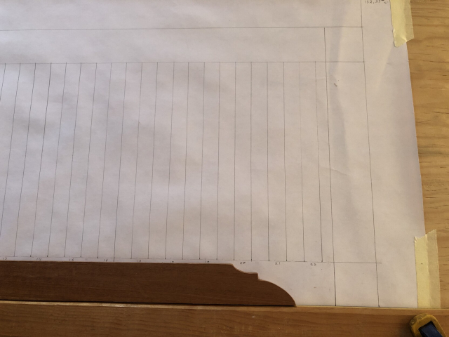 Detalle del dibujo de las puertas, para ver la posición y tamaño de las tiritas de la rejilla. Van a ser tiras de 3/4" de ancho, con la misma separación entre ellas. El dibujo dice que necesito 22 tiritas para cada puerta.