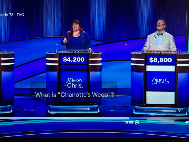 Jeopardy contestant gets the right question, which is "What is 'Charlotte's Weeb?'"