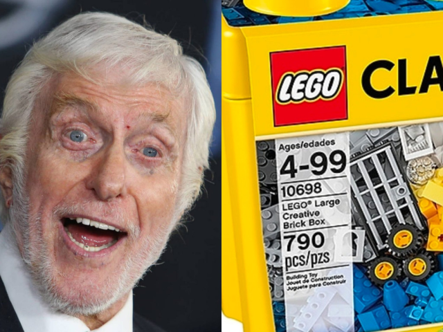 A side-by-side comparison meme. On the left is a close-up photo of Dick Van Dyke, looking surprised and joyful with his mouth wide open. On the right is a close-up of a yellow LEGO Classic brick box, specifically highlighting the age recommendation "4-99."