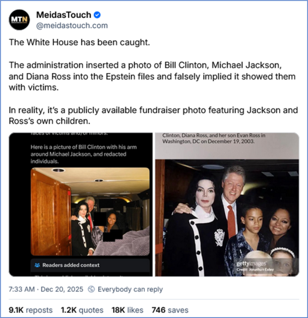Bsky post by MeidasTouch ‪@meidastouch.com‬
The White House has been caught.

The administration inserted a photo of Bill Clinton, Michael Jackson, and Diana Ross into the Epstein files and falsely implied it showed them with victims.

In reality, it’s a publicly available fundraiser photo featuring Jackson and Ross’s own children.