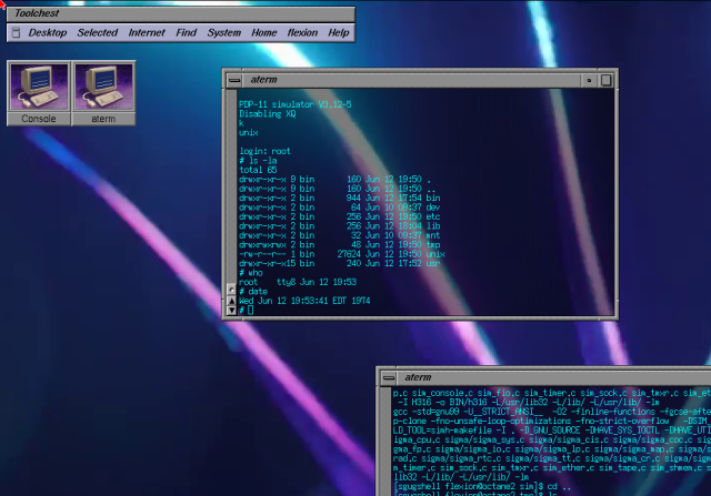 IRIX 4dwm desktop. terminal window with simh PDP11 emulator, booted UNIX v4 (from the recently discovered tape)