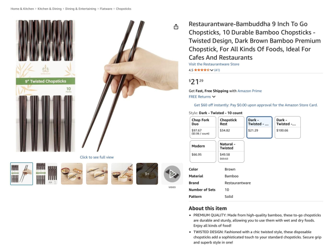 Screenshot from Amazon showing a set of five bamboo chopsticks priced at $21.