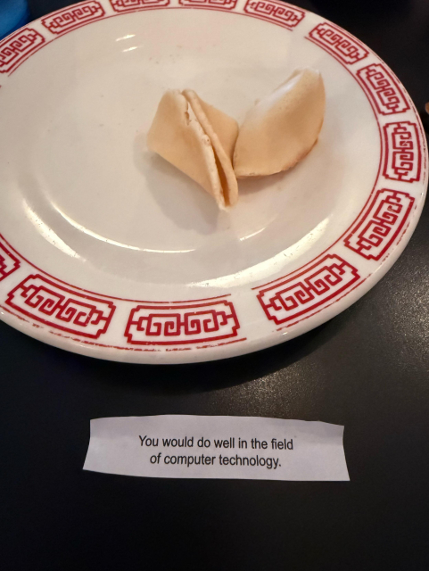 Fortune cookie: “You would do well in the field of computer technology.”