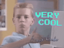animated GIF saying 'very cool' in an eighties pixelated font with a guy making an 'I'm impressed' face.