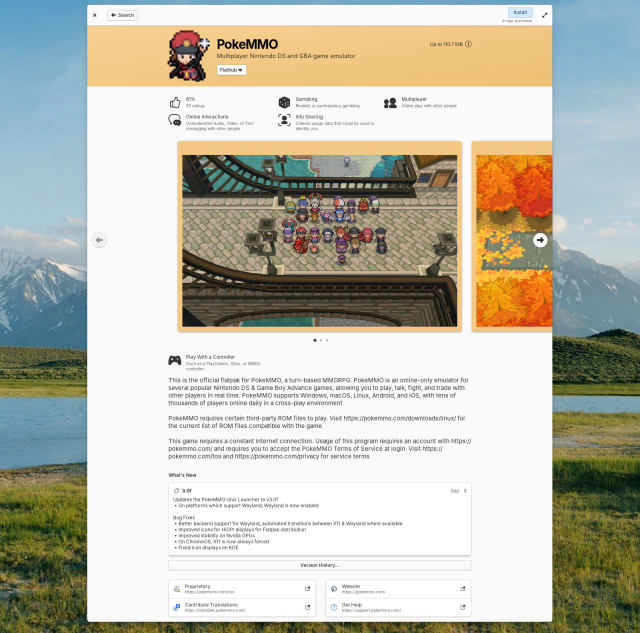 A screenshot of AppCenter running on elementary OS, showing an app info page for PokéMMO. You can see app information like ratings, content warnings, controller compatability, release notes, licensing information, and more.