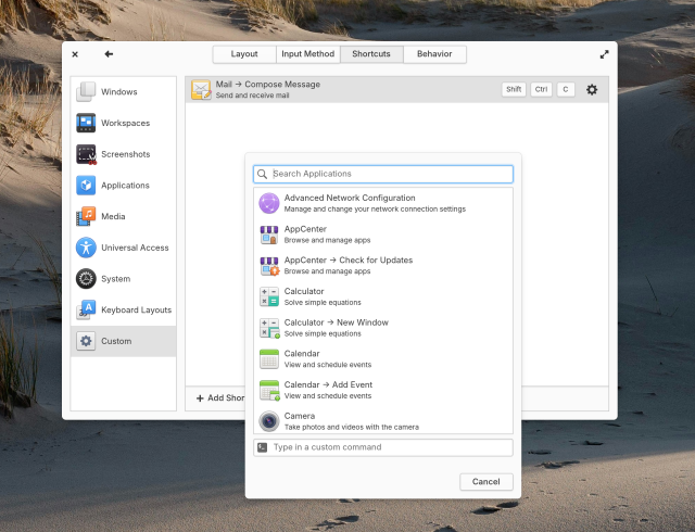 A screenshot of custom keyboard shortcuts settings and the custom shortcuts dialog. A custom shortcut is configuring for opening a new Mail compose window. The custom shortcut dialog shows a list of options like checking for updates in AppCenter, adding a new calendar event, or opening advanced networking configuration options.