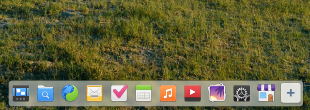 A cropped-in screenshot of the Dock in elementary OS with a semi-translucent appearance