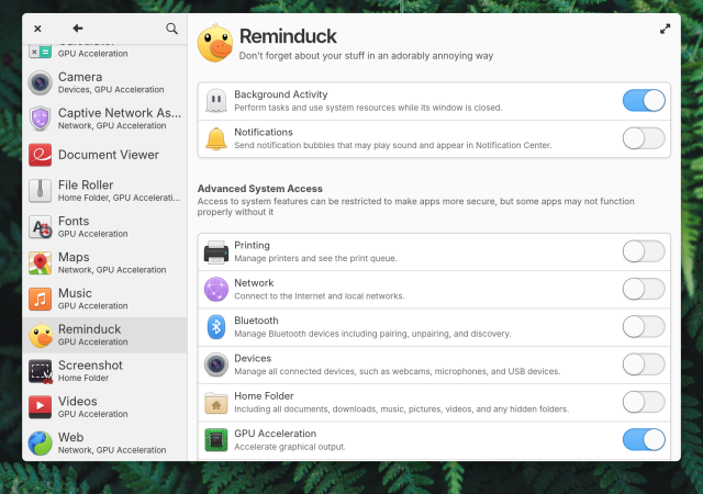 A screenshot of app settings in elementary OS. It shows settings for the app Reminduck where notifications have been disallowed. There are also other advanced system access settings like filesystem permissions, network access, etc.