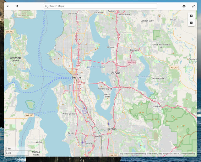 A screenshot of Maps in elementary OS. It's zoomed in to a map of the Seattle Washington area