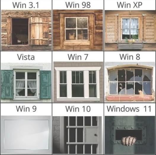 Win 3.1 - Wooden shutters on log cabin.
Win98 - Classic four-pane windows.
WinXP - Window with shutters and flower box.
Vista - Window on concrete wall with shutters and curtains.
Win7 - Sliding windows in a brick wall.
Win8 - Arched window with several shattered panes.
Win9 - A whiteboard.
Win10 - A jail cell door.
Win11 - A solitary cell slot in a heavy iron door.