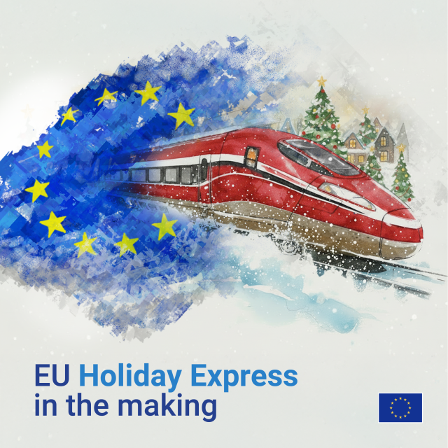 A watercolour-style illustration depicting a sleek, red and white high-speed train, labelled "EU Holiday Express in the making," speeding out of a swirling, abstract representation of the blue European Union flag with its yellow stars. In the background, there are snow-covered Christmas trees and picturesque, snow-dusted houses. The EU logo is also visible in the bottom right corner. 