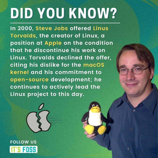 DID YOU KNOW?

In 2000, Steve Jobs offered Linus Torvalds, the creator of Linux, a position at Apple on the condition that he discontinue his work on Linux. Torvalds declined the offer, citing his dislike for the macOS kernel and his commitment to open-source development; he continues to actively lead the Linux project to this day.

FOLLOW US
IT’S FOSS