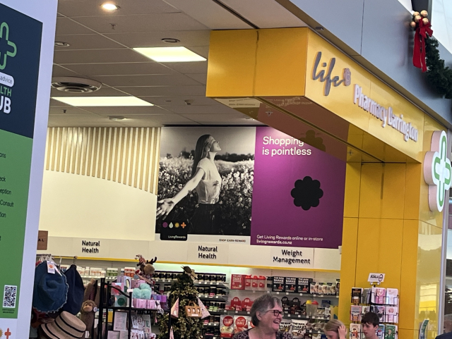 A photo from inside Barrington Mall in Christchurch, NZ. A big sign on the wall has a black and white photo of a woman in a field of flowers next to the words “Shopping is pointless.”