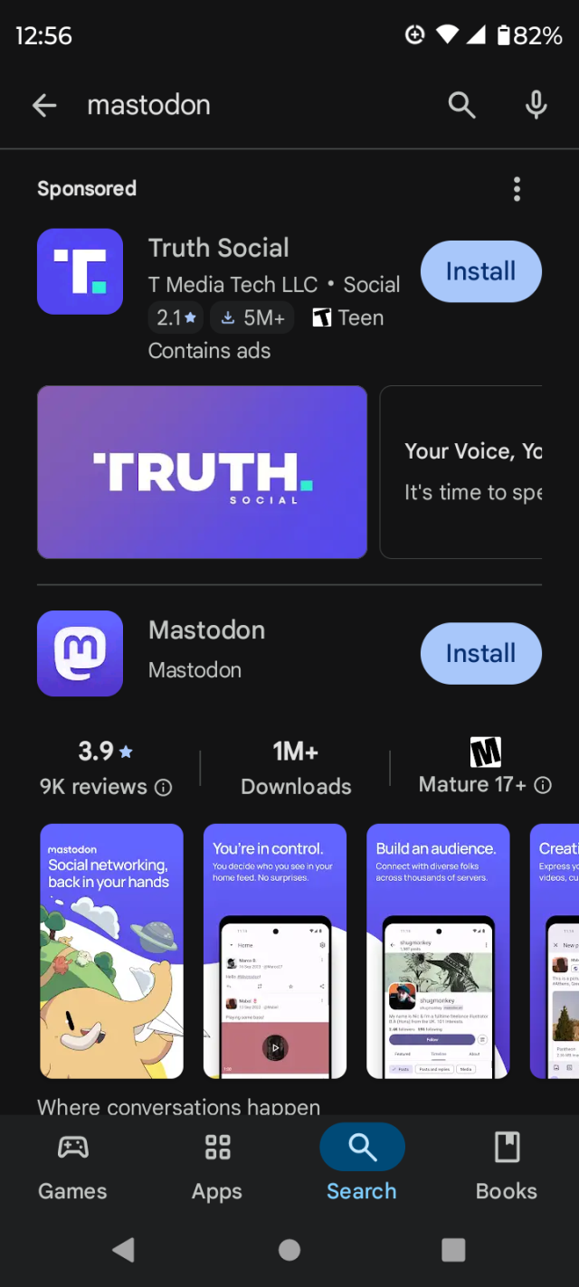 Screenshot showing a search for Mastodon but the first result is Truth Social.