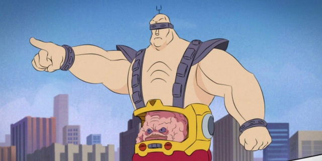 A photo of Krang the villain from teenage mutant ninja turtles. It is a brain inside an awkward large body 