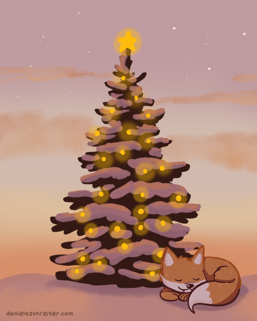 Comic Illustration: Es ist Winter, der Abend bricht herein und der Himmel leuchtet gold orange. Ein verschneiter Tannenbaum mit einer gelben Lichterkette und einem Stern auf der Spitze steht in der Mitte des Bildes. Zu Füßen des Baum schläft ein kleiner Fuchs im Schnee.