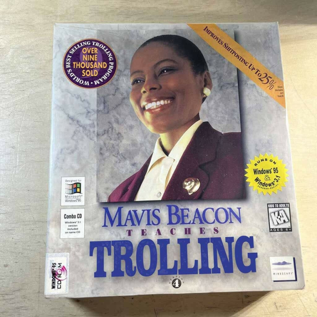 A picture of a software box for “Mavis Beacon Teaches Trolling”, advertising over 9,000 sold, and “improves shitposting up to 25%”