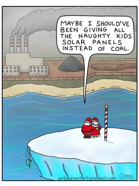 "Ken Nickerson cartoon of Santa Claus standing on a melting ice floe with Mrs. Claus.     In the background, a factory emits smoke, and a pile of coal is visible. The text suggests giving solar panels instead of coal to naughty children, highlighting the environmental impact of fossil fuels."