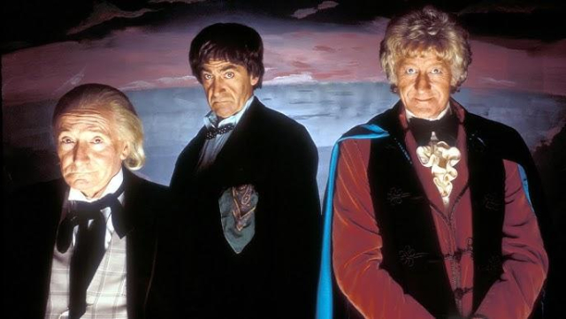 Publicity shot from The Three Doctors, showing William Hartnell, Patrick Troughton and Jon Pertwee as the first, second and third Doctors.