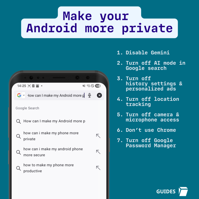 Make your Android more private: 

Disable Gemini
Turn off AI mode in Google search
Turn off  history settings & personalized ads
Turn off location tracking
Turn off camera & microphone access
Don’t use Chrome 
Turn off Google Password Manager