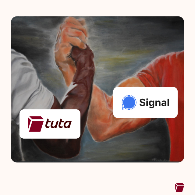 Two hands locked together, on the one arm is the Tuta logo and the other is the Signal logo. 