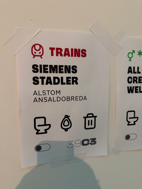 Photograph of a toilet gender sign that says train