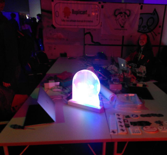 The XMPP assembly table at the 39c3 with stickers