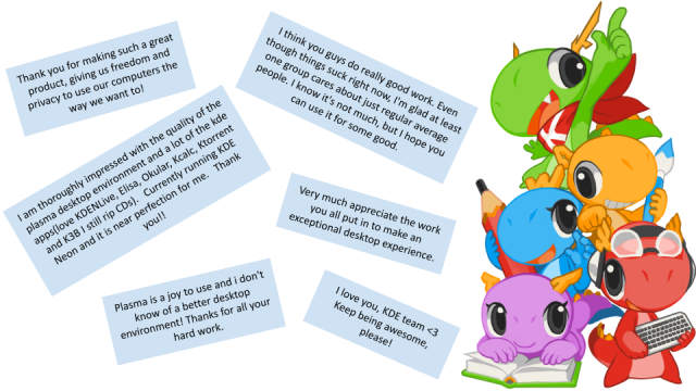 A collage of Konqi and friends showing donor comments for KDE