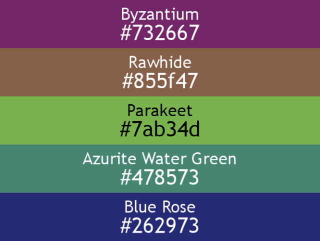 a block of five horizontal color swatches in Byzantium (#732667), Rawhide (#855f47), Parakeet (#7ab34d), Azurite Water Green (#478573), and Blue Rose (#262973).