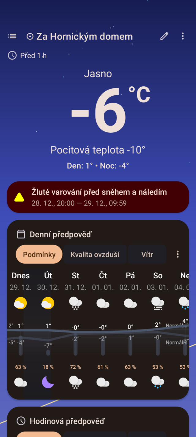 Screenshot s údaji o dnešním počasí. Pocitová teplota je -10