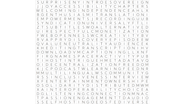 An image showing this grid:
S U R P R I S E N Y I N T R O E S O V E R E I G N
J J O Y A C C E S S I B I L I T Y C H A P T E R S
W E L C O M I N G I N D E P E N D E N C E A H L X
B G E N T H U S I A S M I T R A N S L A T I O N I
E M P O W E R M E N T S J R E C O R D I N G U U B
S Y N D I C A T I O N U N I V E R S A L Y F T L I
Z T S U B T I T L E S W O A L T E R N A T I V E D
U I R E S P E C T F U L C M O N E T I Z A T I O N
F W E B O P E N N E S S W C R E A T I V I T Y B V
R V A P P R Y D I S C O V E R Y E P I S O D E E W
Q V A L U E N E U T R A L I T Y A U D I E N C E K
K H E D I T I N G T R A N S C R I P T I O N I H V
D O W N L O A D V M C A P T I O N I N G L L X N F
F I R G N A M E S P A C E R A C T I V I T Y P U B
T I H O S T I N T R I G U E H M E T A D A T A V Q
O I D E C E N T R A L I Z A T I O N F R E E D O M
K J C P O D C A S T W L E A R N I N G F E E D N R
M M U L T I L I N G U A L W S C O M M U N I T Y G
R S S I N C L U S I V E N E S S I N T E R V I E W
X F E N T E R T A I N M E N T O W N E R S H I P E
O S O L I D A R I T Y D I S T R I B U T E D M W M
X A I N T E R O P E R A B I L I T Y C H O I C E A
D G L I S T E N I N G C O N N E C T I O N M N A C
T P A S S I O N E N G A G E M E N T T D A U D I O
S S E L F H O S T I N G O E O S F E D I V E R S E