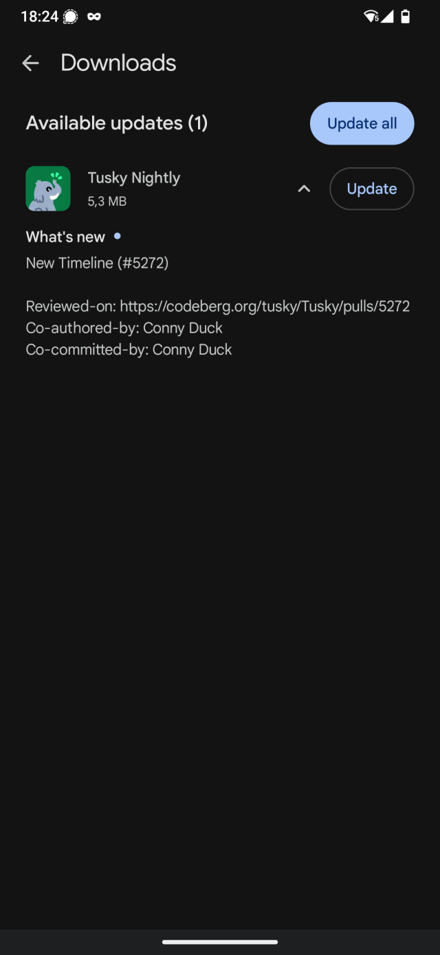 Screenshot of Google Play showing an available update for Tusky Nightly with the changelog "New Timeline"