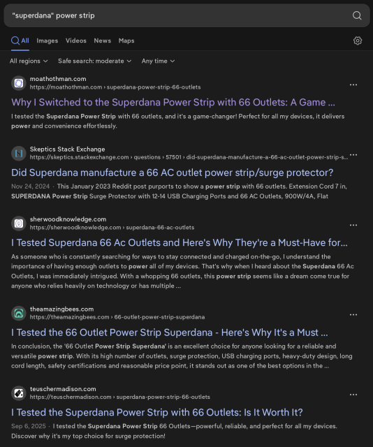 Search for "superdana" power strip has several reviews for the "superdana power strip with 66 outlets", despite the fact that no such product exists.