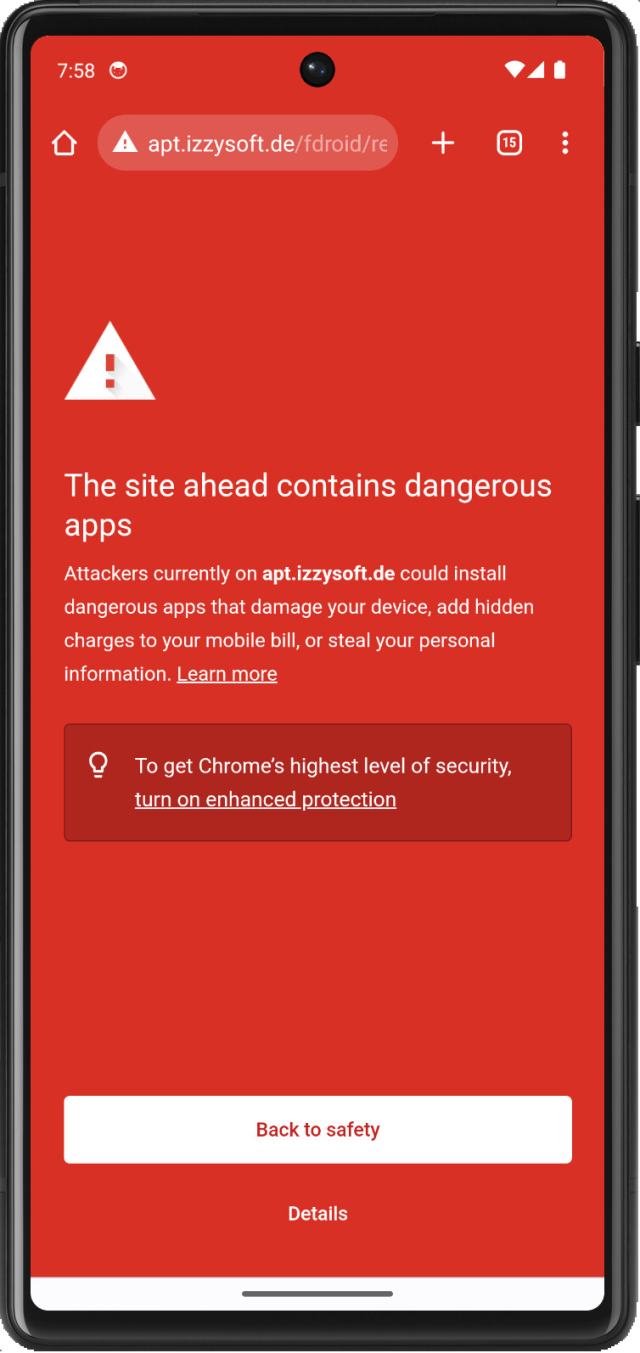 screenshot from Chrome in the Android emulator (Pixel 6, API 34), claiming IzzyOnDroid containing "dangerous apps"

"Attackers currently on apt.izzysoft.de could install dangerous apps…"

1) there are no attackers on that site, it's only us
2) we cannot install apps on your device, only you can
3) maybe we have some apps dangerous to Google's business model, but (to our knowledge) none dangerous to your device ;)
4) most of the apps here come from GitHub. I bet GitHub is flagged the same – not, because MS has lawyers we cannot afford…