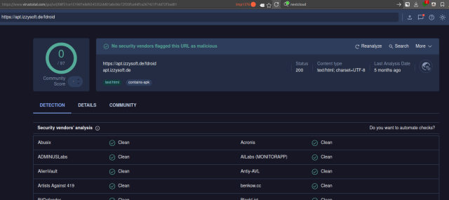 Results from VirusTotal showing all 97 engines consider our repo "clean".