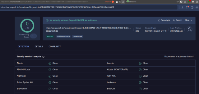 triggered a fresh report, to be sure: now it's 98 engines unanimously declaring our repo clean. Again, including Google Safebrowsing.