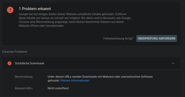 screenshot of the "full details" for the allegedly infected site: "not applicable" is all they say.