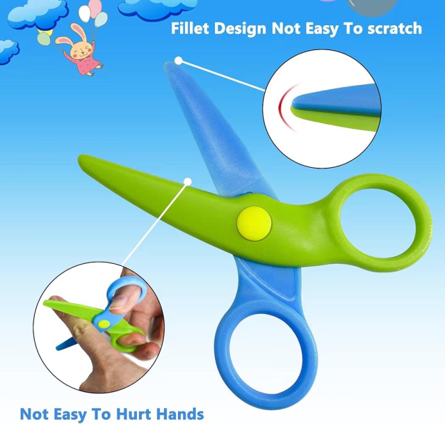 A pair of brightly coloured children's plastic safety scissors.
