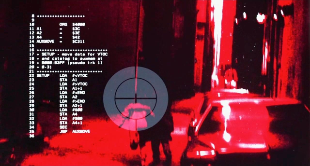 Screenshot from the first Terminator movie, showing source code in his HUD display. The code is 6502 assembly, and comments mention "catalog" and "trk 11".