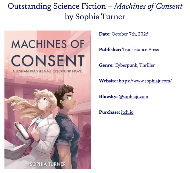 Screenshot showing Machines of Consent has won for Outstanding Science Fiction. The screenshot includes basic info about the book including that the genre is cyberpunk, thriller, and that it was published by Transistance Press.